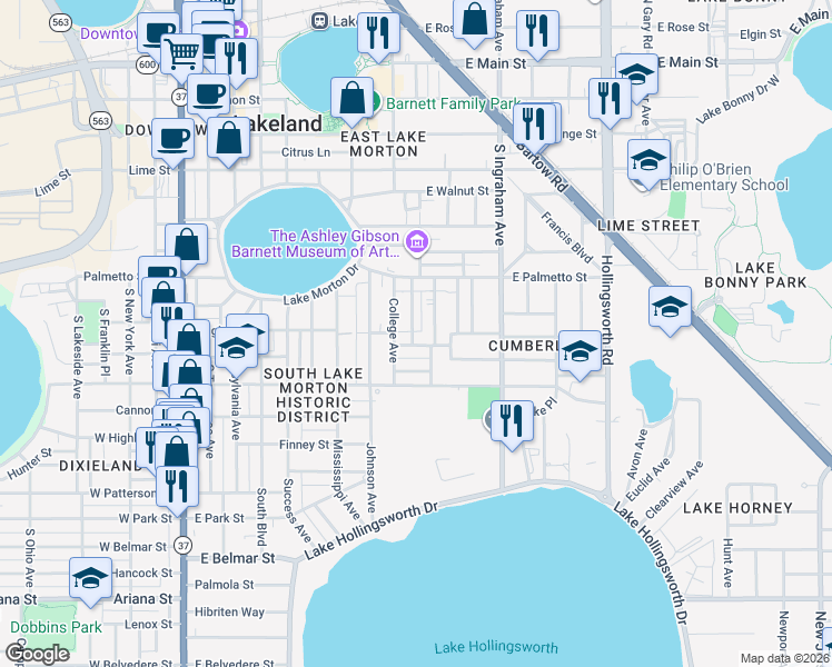 map of restaurants, bars, coffee shops, grocery stores, and more near 752 South Rushing Avenue in Lakeland