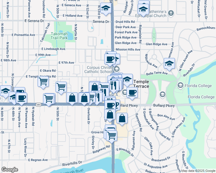 map of restaurants, bars, coffee shops, grocery stores, and more near 9340 North 56th Street in Tampa