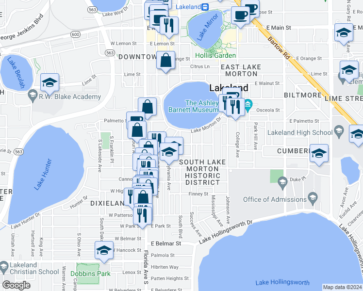 map of restaurants, bars, coffee shops, grocery stores, and more near 802 South Boulevard in Lakeland