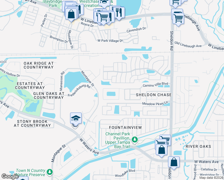 map of restaurants, bars, coffee shops, grocery stores, and more near 9112 Camino Villa Boulevard in Tampa