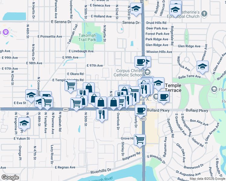 map of restaurants, bars, coffee shops, grocery stores, and more near 9227 North 52nd Street in Tampa