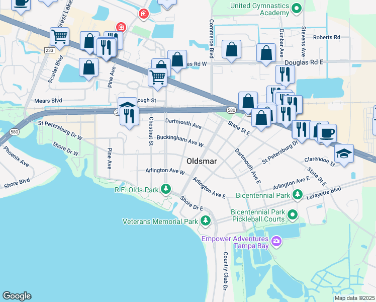 map of restaurants, bars, coffee shops, grocery stores, and more near 409 Jefferson Avenue in Oldsmar