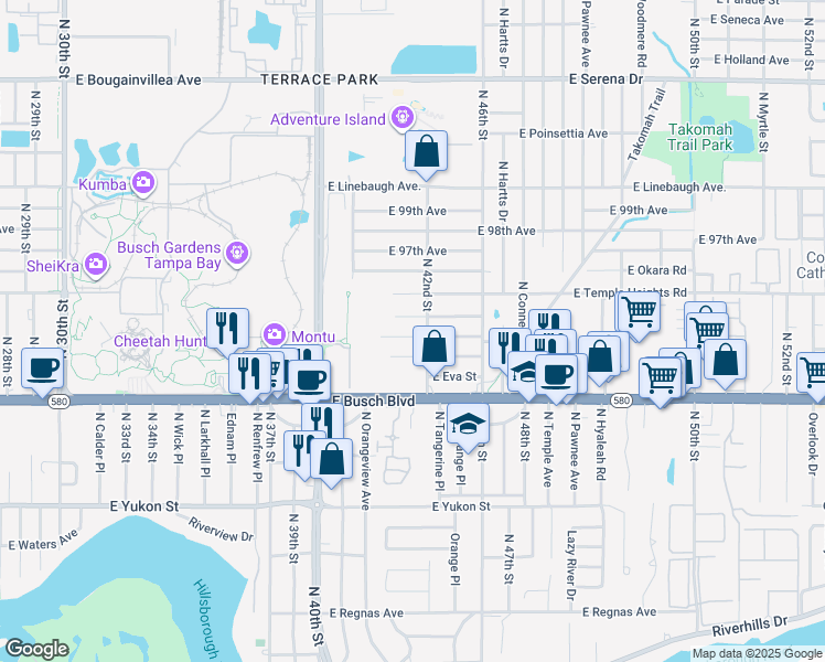 map of restaurants, bars, coffee shops, grocery stores, and more near 4114 East Sewaha Street in Tampa