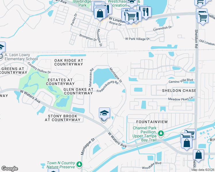map of restaurants, bars, coffee shops, grocery stores, and more near 9712 Fredericksburg Road in Tampa