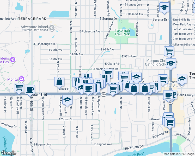 map of restaurants, bars, coffee shops, grocery stores, and more near 9508 N Hyaleah Rd in Tampa