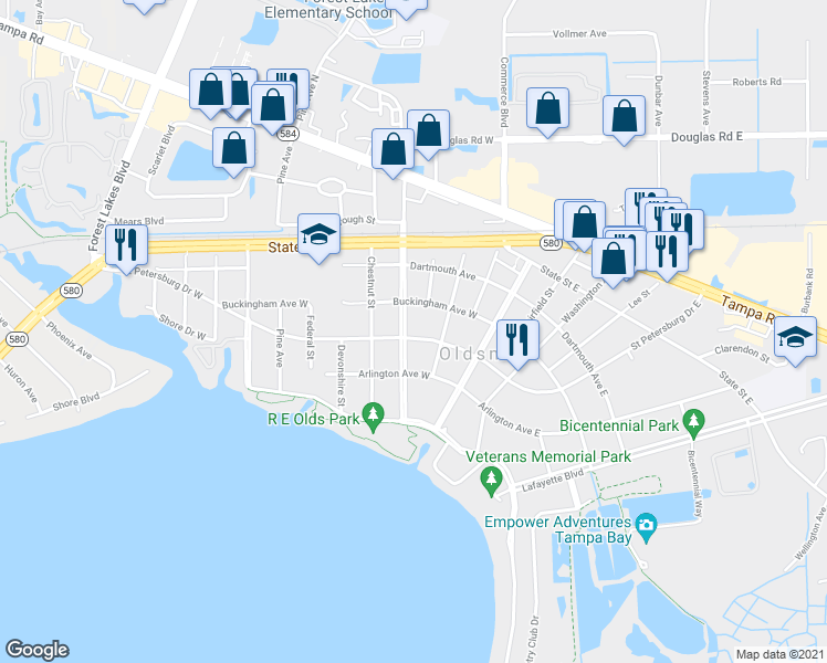 map of restaurants, bars, coffee shops, grocery stores, and more near 411 South Bayview Boulevard in Oldsmar