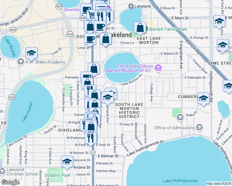 map of restaurants, bars, coffee shops, grocery stores, and more near 802 South Boulevard in Lakeland