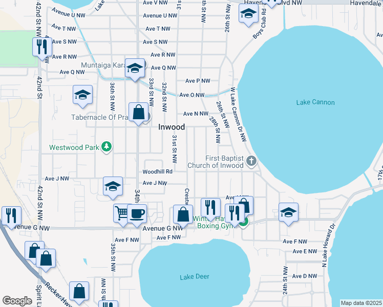 map of restaurants, bars, coffee shops, grocery stores, and more near 1061 30th Street Northwest in Winter Haven