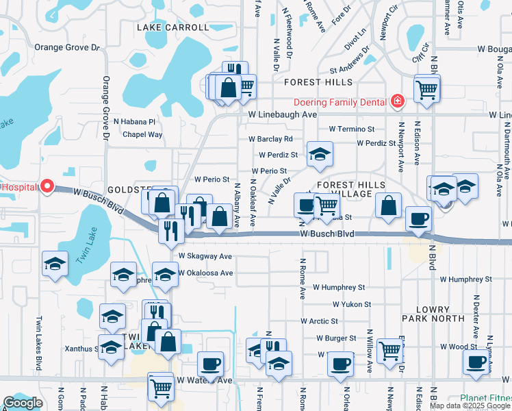 map of restaurants, bars, coffee shops, grocery stores, and more near 9301 North Oakleaf Avenue in Tampa