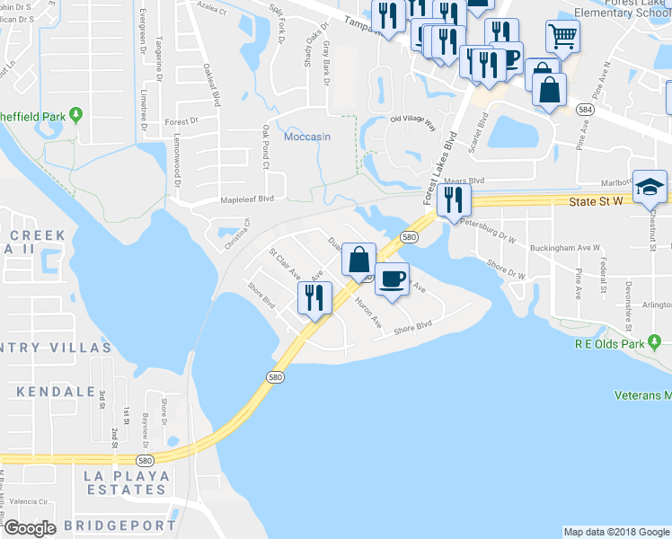map of restaurants, bars, coffee shops, grocery stores, and more near 3119 Huron Avenue in Oldsmar
