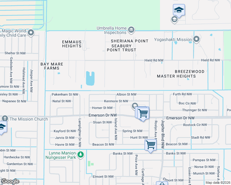 map of restaurants, bars, coffee shops, grocery stores, and more near 1113 Albion Street Northwest in Palm Bay