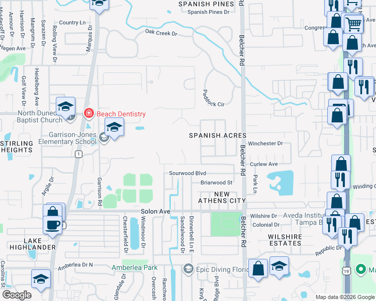 map of restaurants, bars, coffee shops, grocery stores, and more near 1667 Hobbit Road in Dunedin