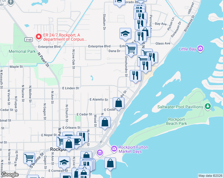 map of restaurants, bars, coffee shops, grocery stores, and more near 1120 Patton Street in Rockport