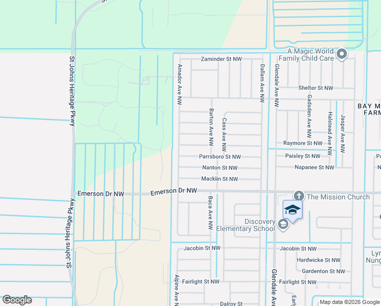 map of restaurants, bars, coffee shops, grocery stores, and more near 1871 Parrsboro Street Northwest in Palm Bay