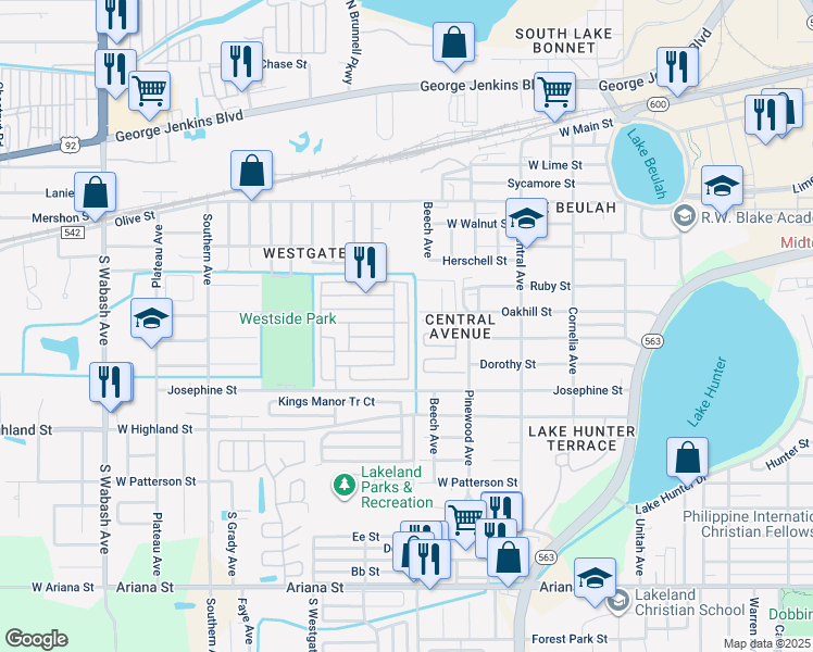 map of restaurants, bars, coffee shops, grocery stores, and more near 803 Corral Drive in Lakeland