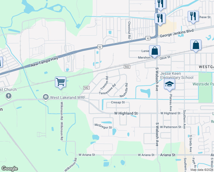map of restaurants, bars, coffee shops, grocery stores, and more near 722 Trenton Road in Lakeland