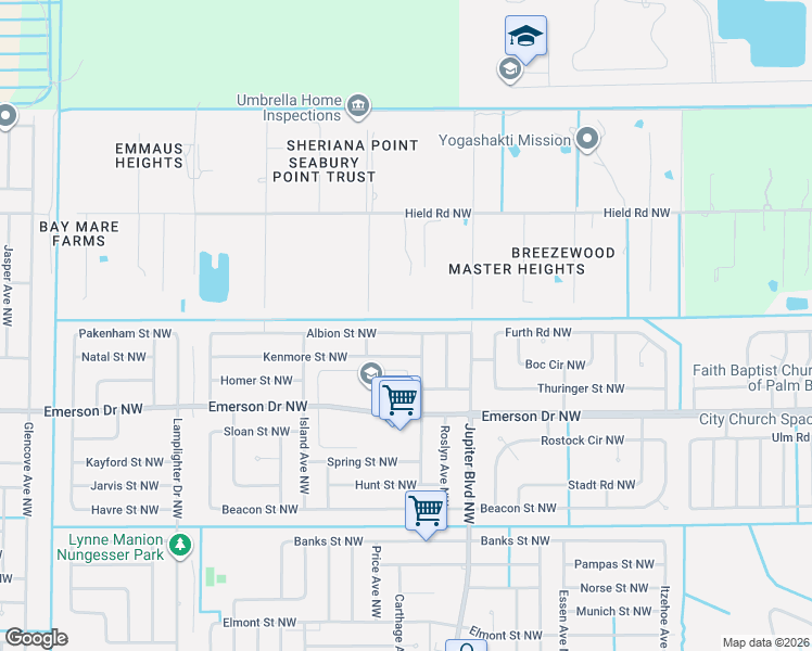 map of restaurants, bars, coffee shops, grocery stores, and more near 973 Albion Street Northwest in Palm Bay