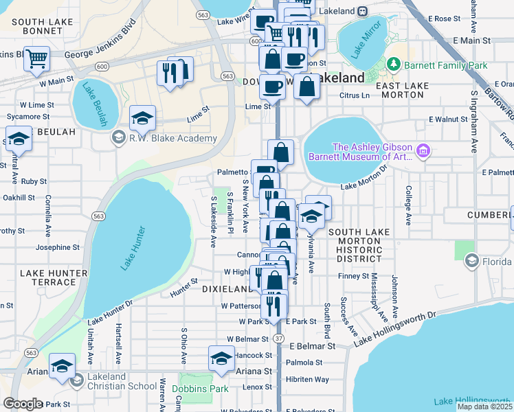 map of restaurants, bars, coffee shops, grocery stores, and more near 803 South Missouri Avenue in Lakeland