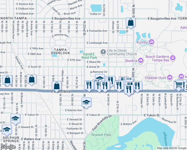 map of restaurants, bars, coffee shops, grocery stores, and more near 2416 South Ramona Circle in Tampa