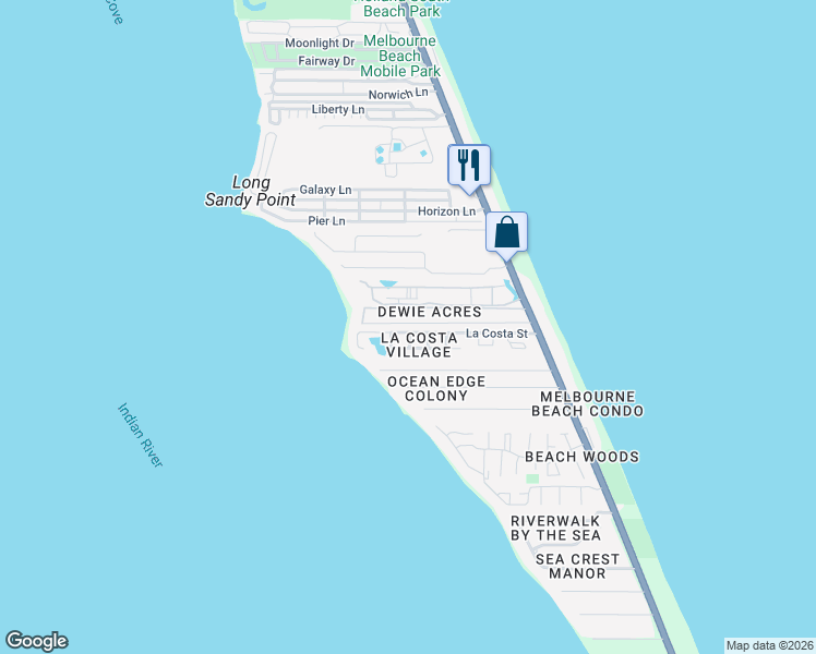 map of restaurants, bars, coffee shops, grocery stores, and more near 215 Seaview Street in Melbourne Beach