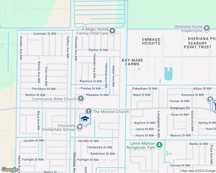 map of restaurants, bars, coffee shops, grocery stores, and more near 1441 Halstead Avenue Northwest in Palm Bay