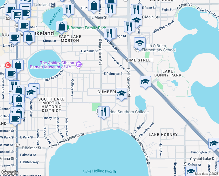 map of restaurants, bars, coffee shops, grocery stores, and more near 1032 Cumberland Street in Lakeland