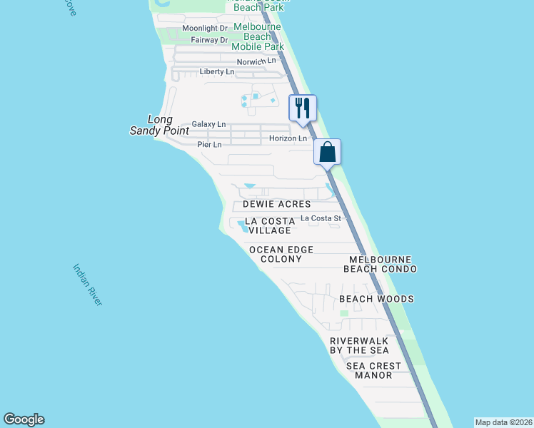 map of restaurants, bars, coffee shops, grocery stores, and more near 215 Seaview Street in Melbourne Beach