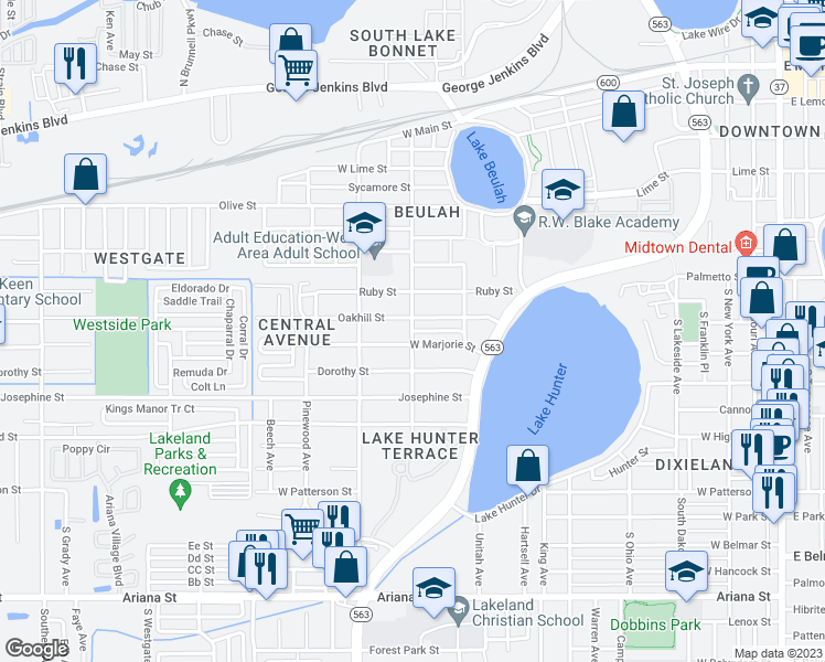 map of restaurants, bars, coffee shops, grocery stores, and more near 812 Cornelia Avenue in Lakeland