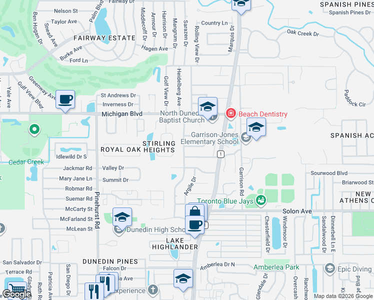 map of restaurants, bars, coffee shops, grocery stores, and more near 1521 Glen Hollow Lane North in Dunedin