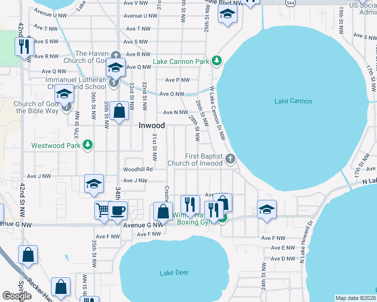 map of restaurants, bars, coffee shops, grocery stores, and more near 1060 29th Street Northwest in Winter Haven