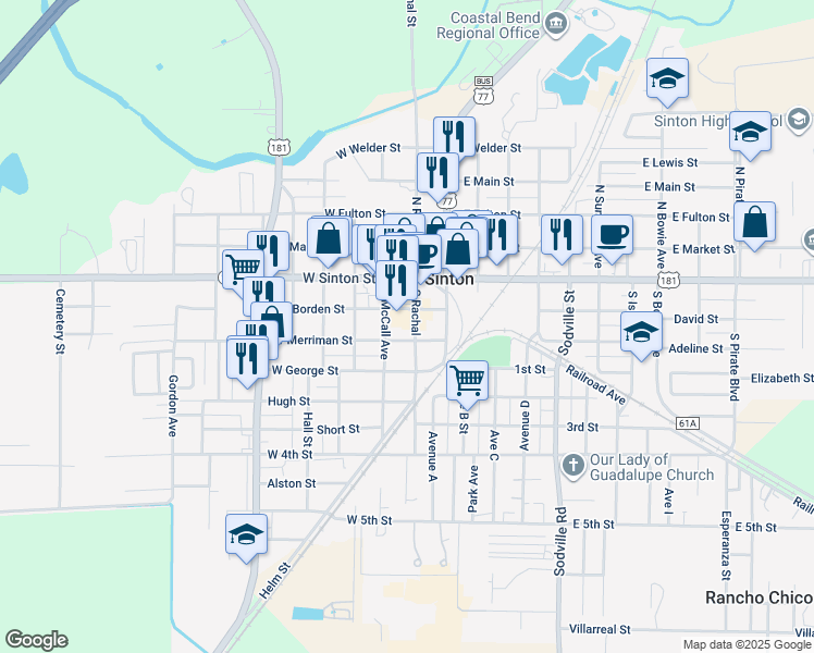 map of restaurants, bars, coffee shops, grocery stores, and more near 212 South Rachal Avenue in Sinton