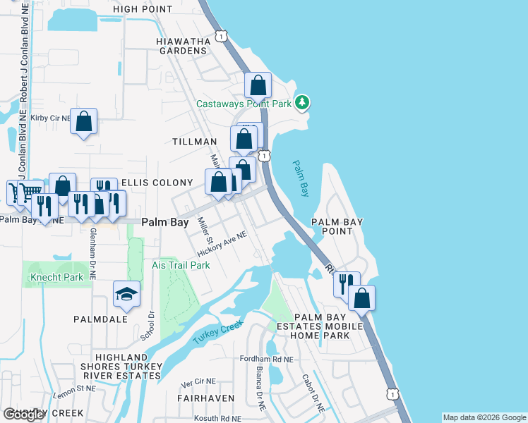 map of restaurants, bars, coffee shops, grocery stores, and more near 1425 Orange Blossom Trail Northeast in Palm Bay
