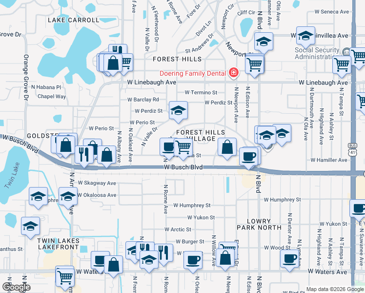 map of restaurants, bars, coffee shops, grocery stores, and more near 1406 Pradera Avenue in Tampa
