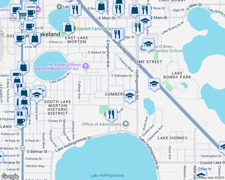 map of restaurants, bars, coffee shops, grocery stores, and more near 1014 Cumberland Street in Lakeland