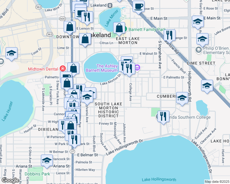 map of restaurants, bars, coffee shops, grocery stores, and more near 699 Riggins Street in Lakeland