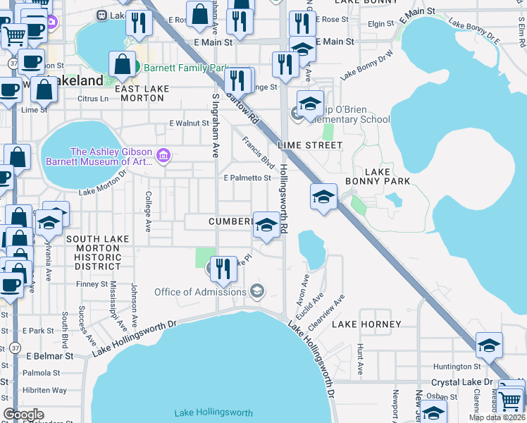 map of restaurants, bars, coffee shops, grocery stores, and more near 747 South Clayton Avenue in Lakeland
