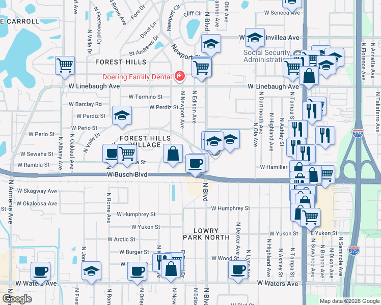 map of restaurants, bars, coffee shops, grocery stores, and more near 9306 Forest Hills Drive in Tampa