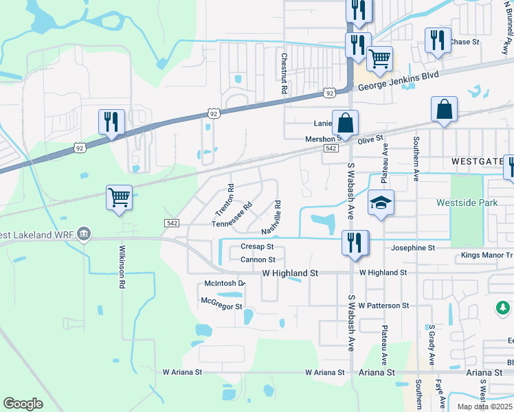 map of restaurants, bars, coffee shops, grocery stores, and more near 730 Tennessee Road in Lakeland