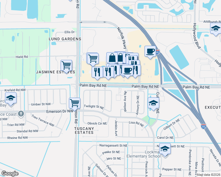 map of restaurants, bars, coffee shops, grocery stores, and more near 1391 Prospect Circle Northeast in Palm Bay
