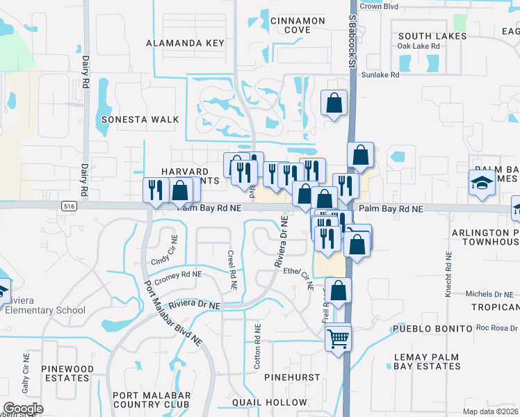 map of restaurants, bars, coffee shops, grocery stores, and more near Palm Bay Road Northeast in Brevard