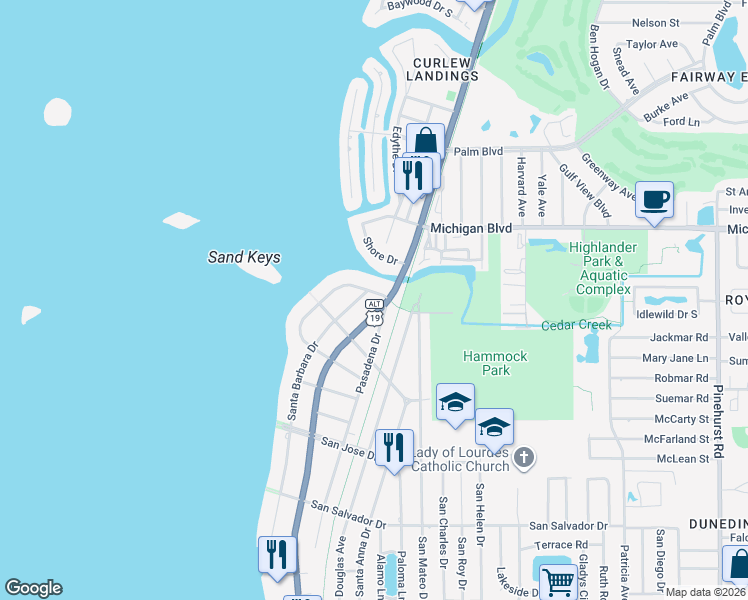 map of restaurants, bars, coffee shops, grocery stores, and more near 211 North Buena Vista Drive in Dunedin