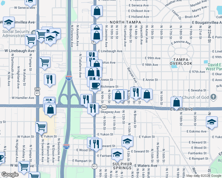 map of restaurants, bars, coffee shops, grocery stores, and more near 9405 North 10th Street in Tampa