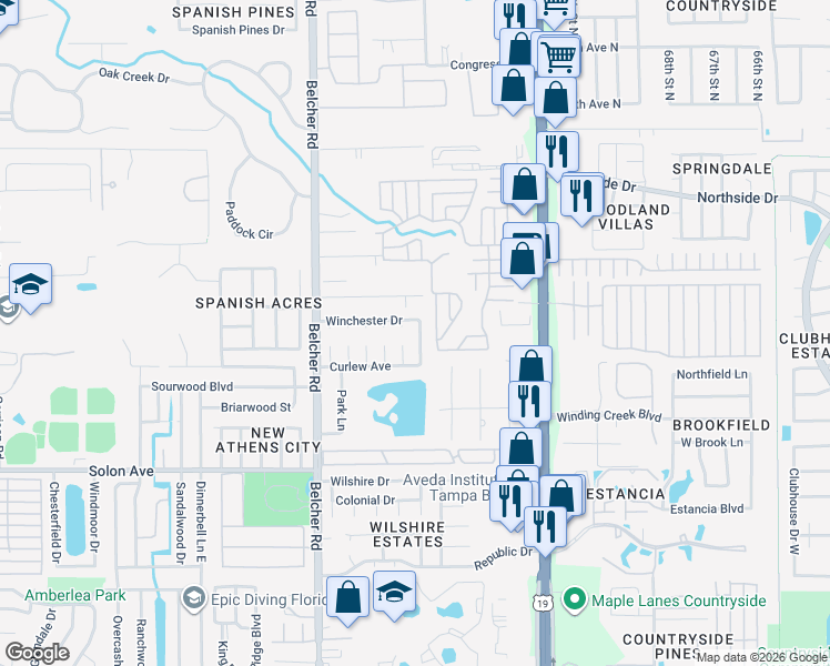 map of restaurants, bars, coffee shops, grocery stores, and more near 3116 Winchester Drive in Dunedin