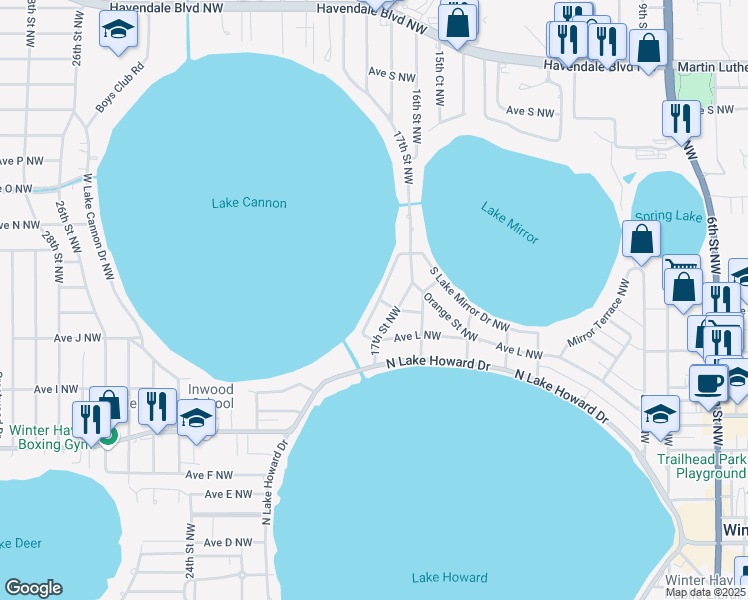map of restaurants, bars, coffee shops, grocery stores, and more near 1250 East Lake Cannon Drive Northwest in Winter Haven