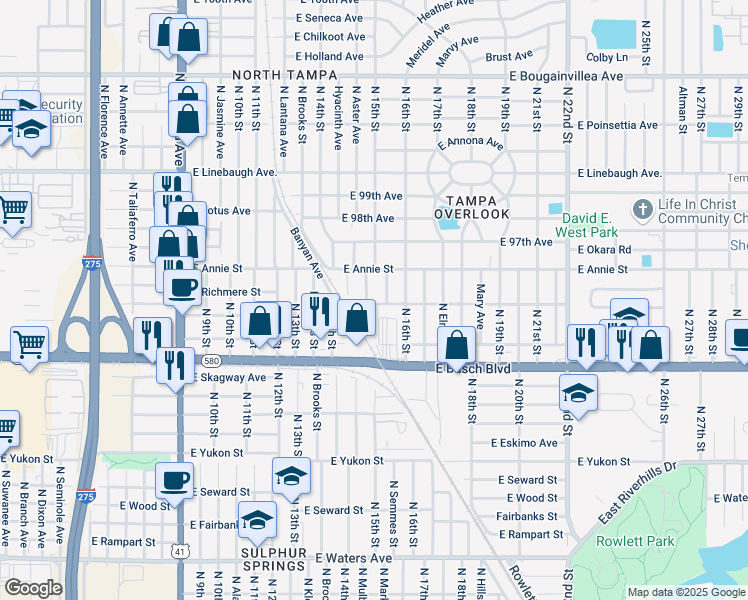 map of restaurants, bars, coffee shops, grocery stores, and more near 1504 East Sewaha Street in Tampa
