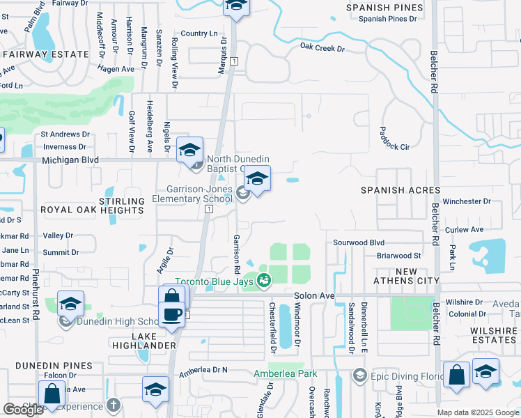 map of restaurants, bars, coffee shops, grocery stores, and more near 3133 Garrison Road in Dunedin