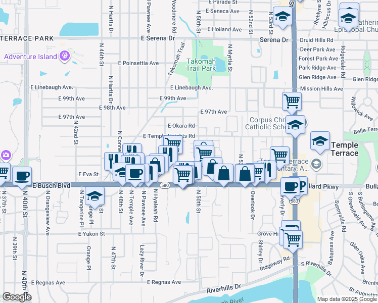 map of restaurants, bars, coffee shops, grocery stores, and more near 9412 North 50th Street in Tampa