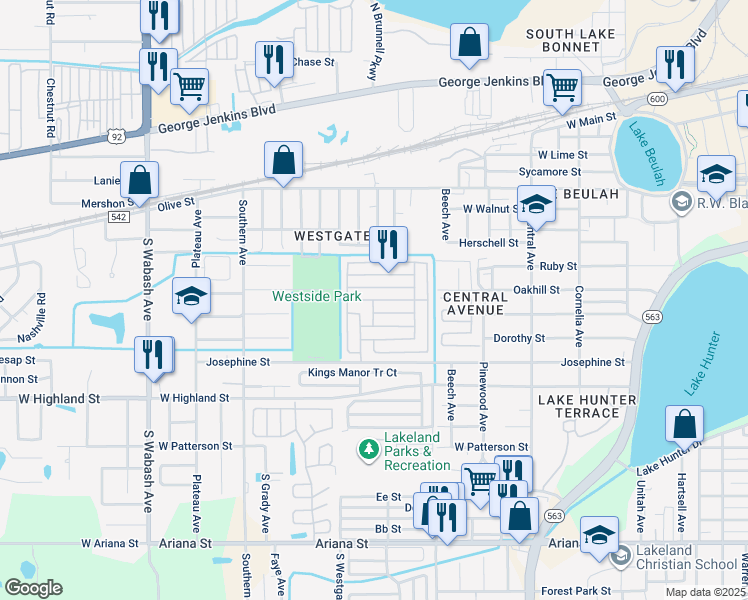 map of restaurants, bars, coffee shops, grocery stores, and more near 1567 Palamino Way in Lakeland