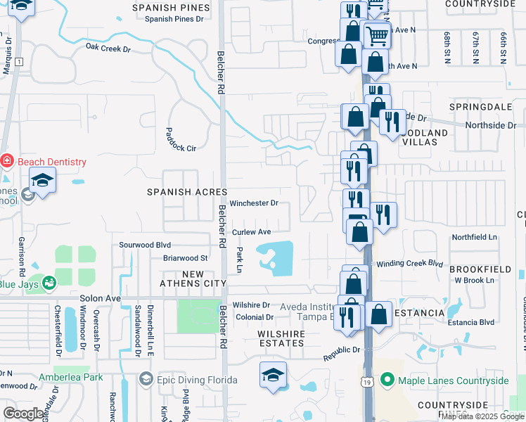 map of restaurants, bars, coffee shops, grocery stores, and more near 2275 Chinaberry Court in Dunedin