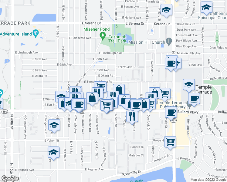 map of restaurants, bars, coffee shops, grocery stores, and more near 9410 North 50th Street in Tampa